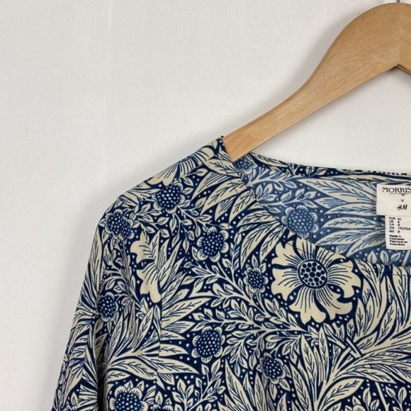 H&M x William Morris & Co 8 Floral Print Tunic Shift Dress Blue Tie Sleeves - Picture 4 of 12